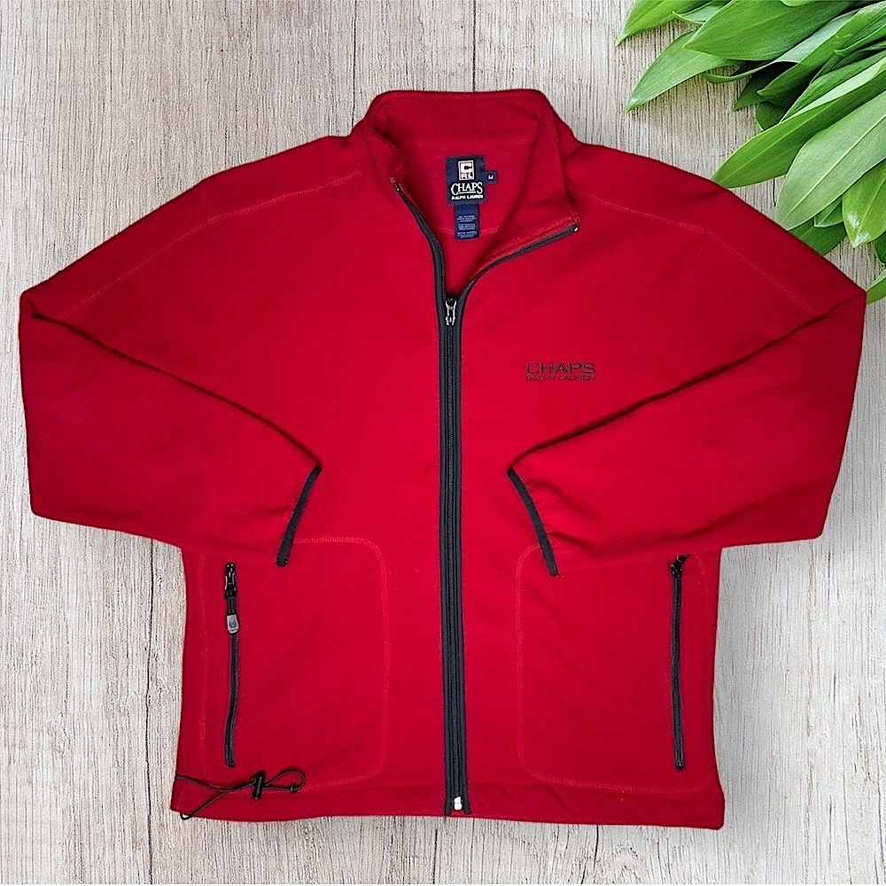 VTG Chaps Ralph Lauren Fleece Zipper Front Jacket Chaps RL Logo Red Mens Med